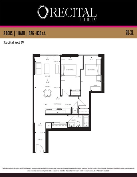 Floor plan for 2 beds, 1 bath, 836 sqft
